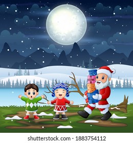 Santa giving gift to kids on snowy landscape