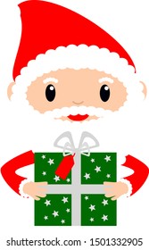 Santa giving a green Christmas present with silver stars, gift tag and ribbon