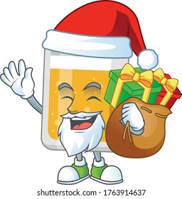 Santa glass of beer Cartoon drawing design with sacks of gifts. Vector illustration