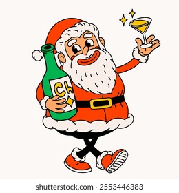 Santa with glass of champagne and bottle. Groovy vintage funny Santa Claus character with bottl