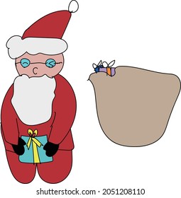 Santa with glasses brings and puts a present