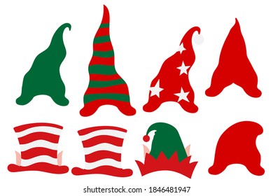 Santa, Gnome or Elf Hats set, Christmas vector flat illustration.Green and red-white hats, hoop, cap, fairytale warm headwear for Christmas and new year greeting card, invitations, festival mask