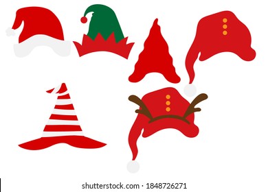 Santa, Gnome or Elf Hats set, Christmas vector flat illustration.Green and red-white hats, hoop, cap, fairytale warm headwear for Christmas and new year greeting card, invitations, festival mask