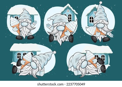 Santa gnome holding ice cream cone. Christmas gnomes collection Vector Illustration. Dwarf Santa on a transparent background