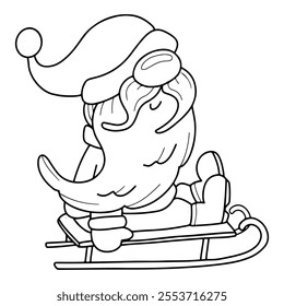 Santa gnome sledding coloring book hand drawn. Cute character. Happy holiday. Grandfather Frost. New Year. Event celebration. Vector line art cartoon illustration. Page for kids and adults.