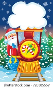 Santa goes by train with blue bag of gifts among night winter forest to celebrate New Year. Christmas scene with falling snowflakes at winter snow night and festive red locomotive.