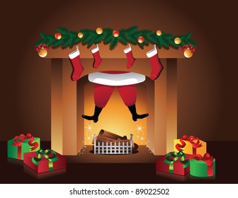 Santa goes up the fireplace Santa Claus magically flies back up the fireplace after leaving gifts. EPS 8 vector, grouped for easy editing,