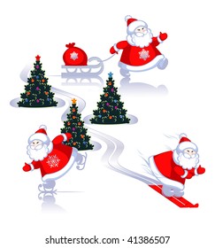 Santa goes on ski, rides on skates, carries the gift.