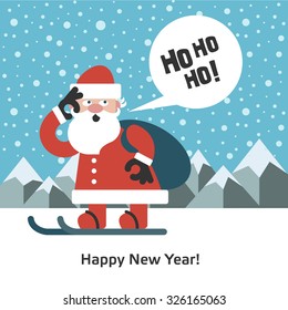 Santa goes skiing to give gifts. Vector. 