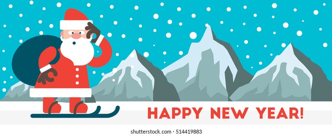 Santa goes skiing to give gifts. Vector. 
