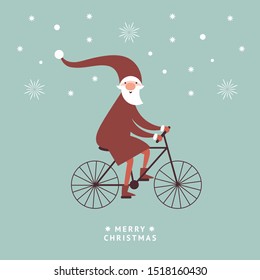 Santa is going by bicycle , greeting card, christmas illustration