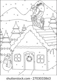 Papai Noel Indo para Baixo Chaminé Colorir Página Natal Desenho Mão Desenhado Vetor