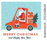 Santa in golf cart. Vector illustration. Christmas card template