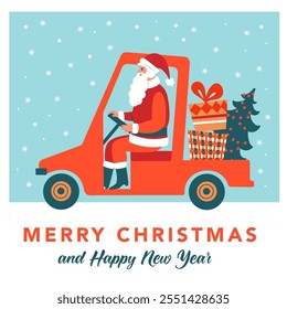 Santa in golf cart. Vector illustration. Christmas card template