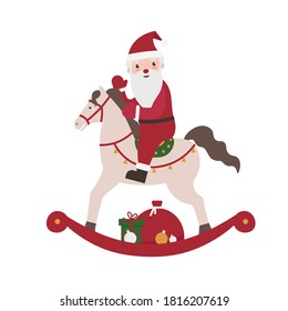 Santa or Grandfather Frost with gifts on a rocking horse. Merry Christmas and Happy New year. Xmas. Flat vector cartoon illustration. 2021