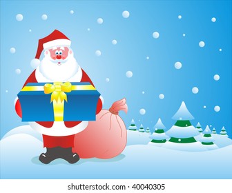 santa with a greater gift on a background of a falling snow