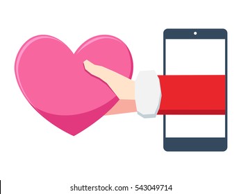 Santa hand appear from the smartphone holding a big pink heart