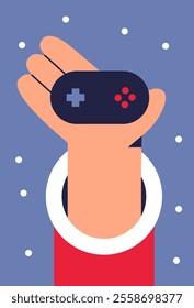 Santa Hand gamer playing games, holding controller. Flat vector illustration.