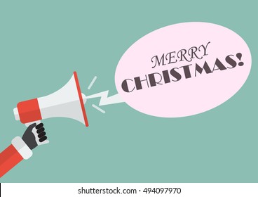 Santa hand holding megaphone with word Merry christmas. Vector Illustration