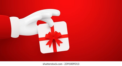 Santa hand holding present box. Christmas sale background. Vector illustration