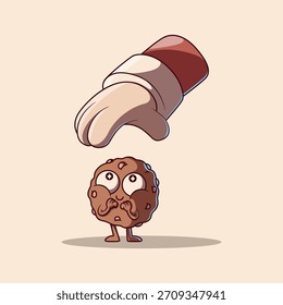 Santa Hand Reaching for Smiling Cookie Character Christmas vector Illustration. Holiday design concept.
