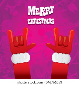 Santa hand rock n roll icon vector illustration. Christmas Rock concert poster design template or greeting card. Rockstar christmas background with santa