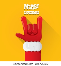 Santa hand rock n roll icon vector illustration. Christmas Rock concert poster design template or greeting card. Rockstar christmas background with santa