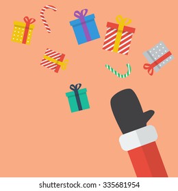 Santa Hand Throw Christmas Gift box. flat style