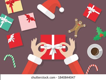 Santa hand tied bow on the gift box with christmas elements. Vector illustration