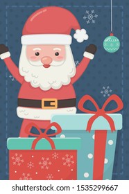 santa hands up with gifts balls merry christmas card vector illustration