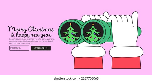 Santa hands hold binoculars and look through them. Eyes searching for christmas tree or gifts on christmas market or sale. Website, social media advertising, ui or application banner design template.