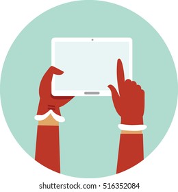Santa hands holding digital tablet cartoon illustration