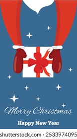 Santa Hands Holding a Present top View with Seasonal Greetings. International seasonal winter holiday concept vector art