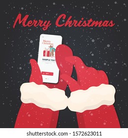 santa hands using mobile app rat with gift box on smartphone screen christmas new year holidays celebration concept greeting card vector illustration
