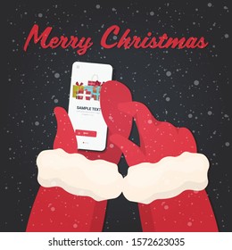 santa hands using mobile app gift present boxes on smartphone screen christmas new year holidays celebration concept greeting card vector illustration