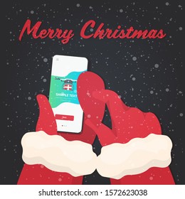 santa hands using mobile app drone carrying gift box on smartphone screen christmas new year holidays celebration concept greeting card vector illustration