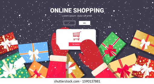 santa hands using mobile app online shopping concept christmas holidays celebration smartphone screen horizontal copy space vector illustration