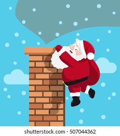 Santa hanging in chimney with gift bag. Vector illustration