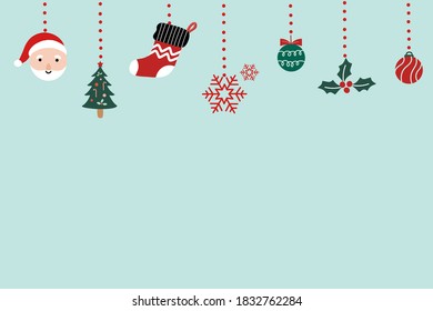 Santa with hanging Christmas elements on blue background for banner, poster, greeting card etc.