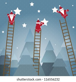 Santa Hanging Stars and Christmas Woods.Vector EPS10 graphic illustration of christmas trees with santa.