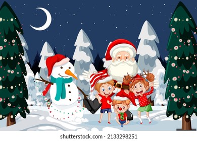 Santa and happy children in snowy night scene illustration