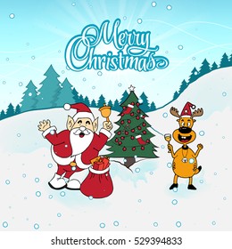 Santa happy holding golden bell stand with a cute reindeer with a glass of wine. Santa and his reindeer standing cheerful On Christmas.Christmas illustration. Christmas vector. Funny Santa and deer