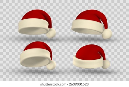Santa Hat 3D Icons in Multiple Angles on Transparent Background. Perfect for Holiday Design, Christmas Decorations, and Festive Graphics. Vector Illustration.