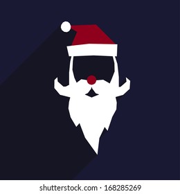 Santa hat and beard. Flat Christmas icon with long shadow. Santa Claus Face. Flat Design. Vector Icon. Mustache, pompon, beard
 Flat Christmas icons with long shadow. Retro design. 
