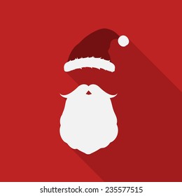 Santa hat and beard. Flat Christmas icons with long shadow. Isolated on red background. Vector illustration, eps 8.