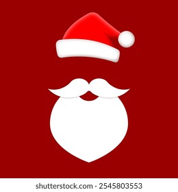 Santa hat, beard with mustache. Santa Claus icon. Christmas concept, Xmas card design element. Vector illustration.  
