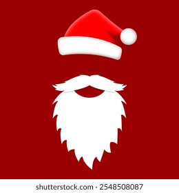 Santa hat, beard with mustache. Santa Claus icon. Christmas concept, Xmas card design element. Vector illustration.  