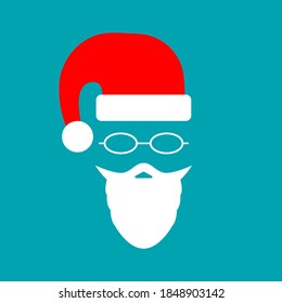 Santa hat, beard and mustache vector icon. Cap mustache and beard of Santa Claus isolated on blue background. equipment for Santa Claus. Concept icon for Santa Claus. Icon in flat style. Vector