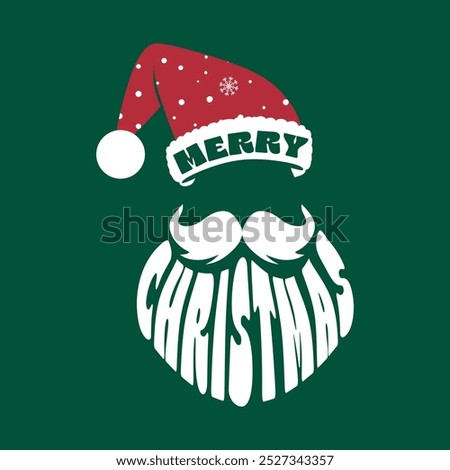 Santa Hat and beard on the green background. Merry Christmas typographic illustration vector for T-shirt Print.