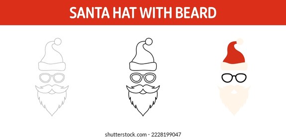 Santa Hat with Beard tracing and coloring worksheet for kids